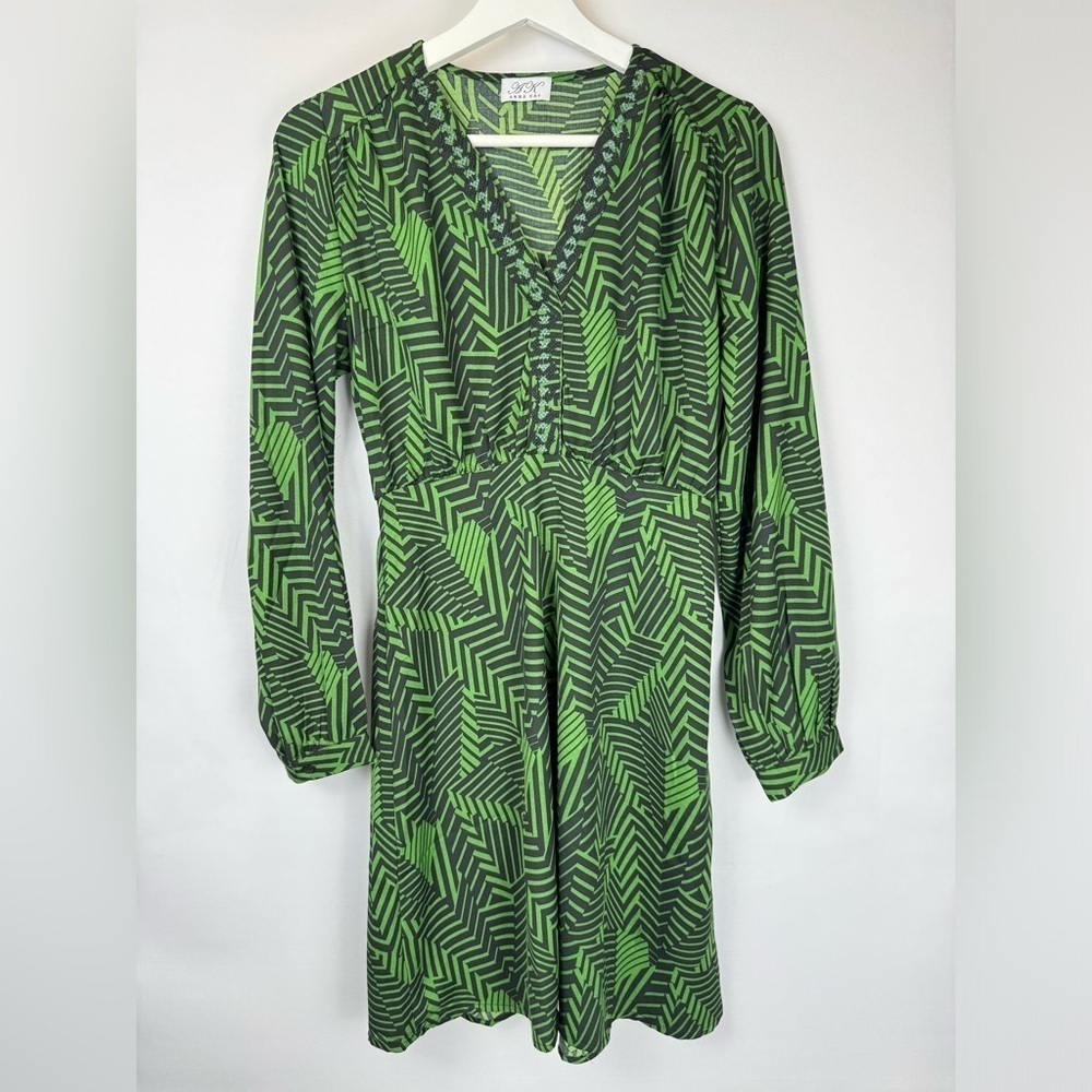 Anna Kay An’ge Orfyrie Dress Long Sleeves Green Tropical Print Lightweight Small - Picture 3 of 12
